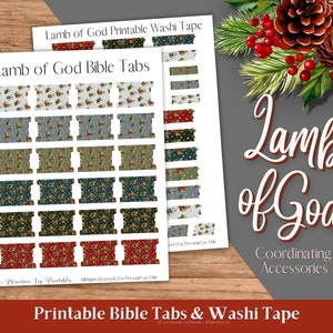 May include: Printable Bible tabs and washi tape featuring a Christmas theme with a red, green, and white color scheme. The design includes a lamb, pine branches, berries, and snowflakes. The text "Lamb of God" is featured on the printable sheets.
