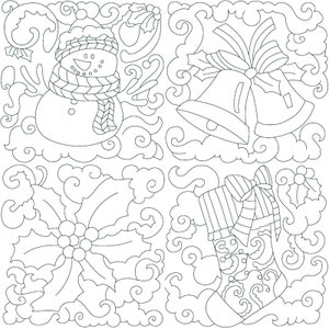 May include: Line drawing of four Christmas-themed squares. One square shows a snowman with a hat and scarf. Another depicts two bells with a bow. A third shows holly, and the last shows a stocking with a bow.