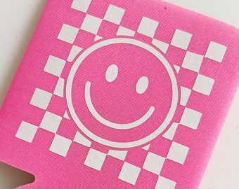 Checkerboard Smiley Face Can Cooler
