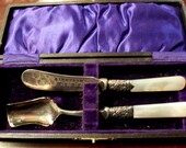 Sheffield Spoon and Spread Knife Mother of Pearl Engraved John Sanderson Sons with Box