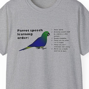 May include: A heather gray t-shirt features a blue and green parrot illustration with the text "Parrot speech learning order:". The text lists the order in which parrots learn to speak. The shirt is a short-sleeved crew neck.