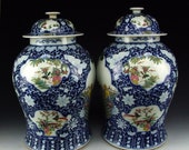 Two Large Rare antique Chinese covered famille rose blue white prunus figures porcelain glaze vases pots bowls jars imari style kangxi mark