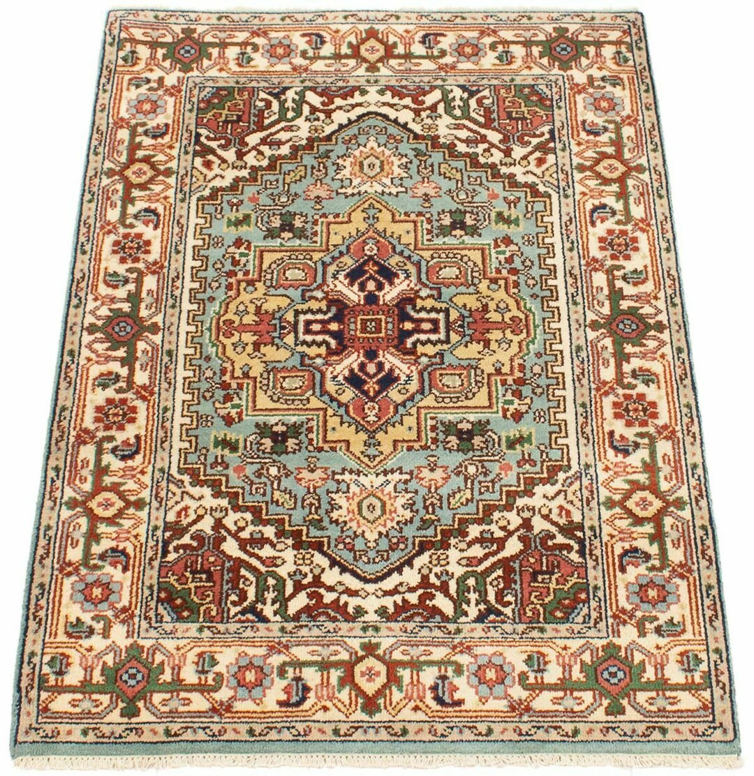 Fine 6x4 Ft Oriental Rug, Sky Light Blue Rug, Copper Red White Cream ...
