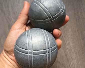 Petanque Boules - 2 Vintage Unpainted Pewter Bocce Balls, Replacement Game Balls, Sport Room Decor, Heavy Bocce Balls