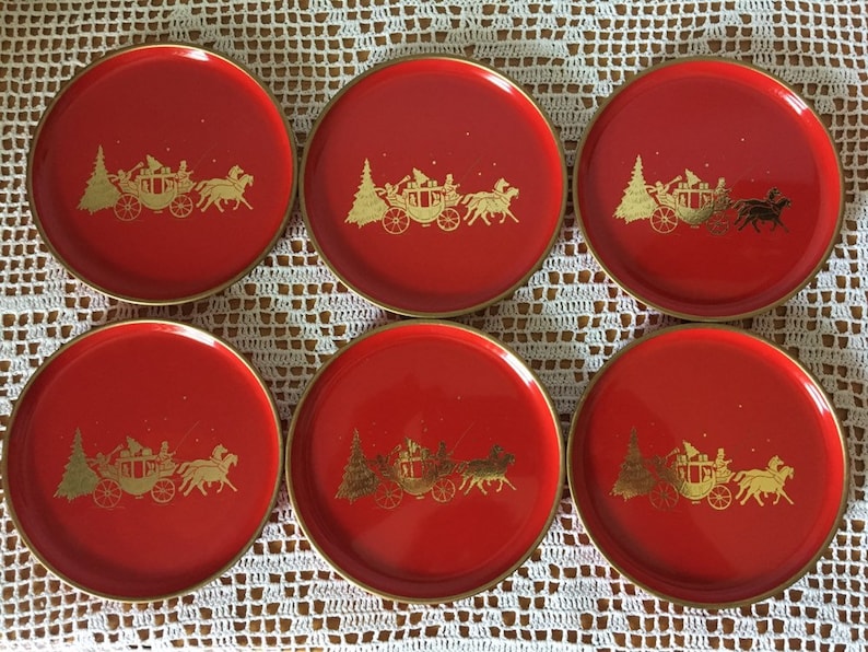 Snack Appetizer Trays Drink Tray 4 14 Red and Gold Plastic Coasters By Otagiri Japan MCM Vintage Set Of Six 6 Coasters with Storage Box