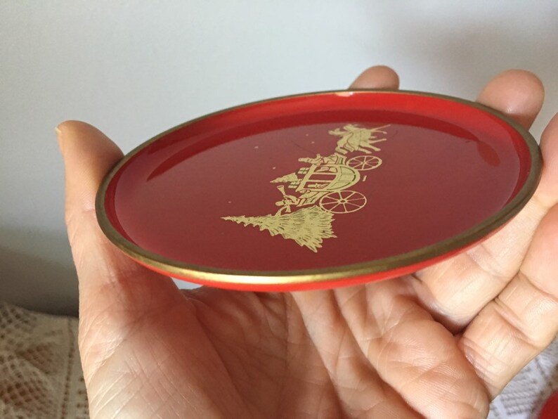 Snack Appetizer Trays Drink Tray 4 14 Red and Gold Plastic Coasters By Otagiri Japan MCM Vintage Set Of Six 6 Coasters with Storage Box