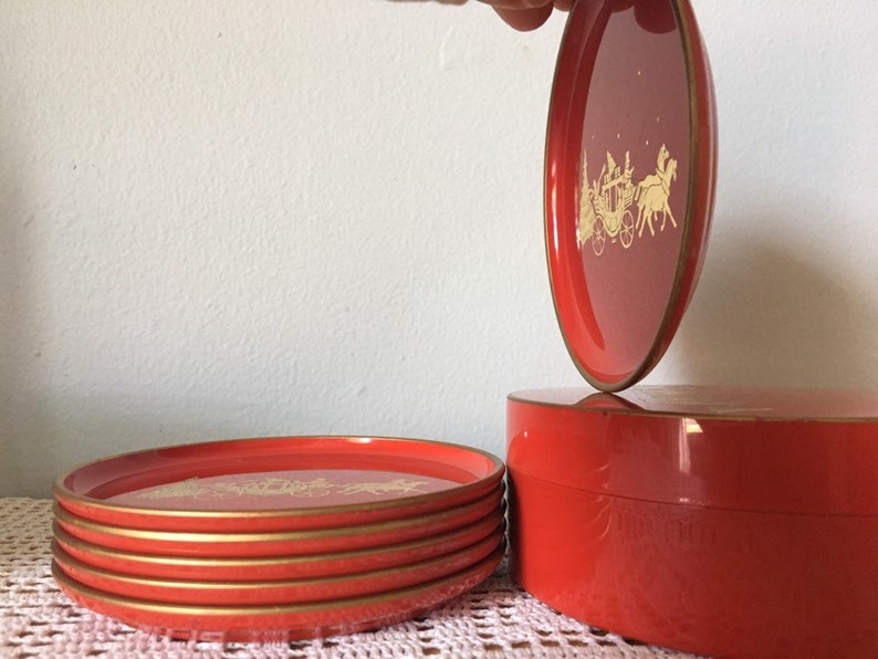 Snack Appetizer Trays Drink Tray 4 14 Red and Gold Plastic Coasters By Otagiri Japan MCM Vintage Set Of Six 6 Coasters with Storage Box