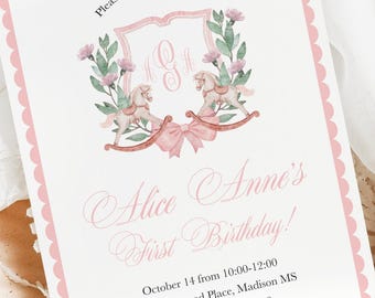 Floral Girl's First Birthday Invitation: Elegant Pink Scallop Design (Editable, Digital or Print)