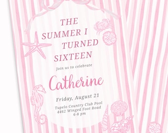 The Summer I Turned Sixteen Digital Birthday Invitation, Editable Template Pink Beach Shell Birthday