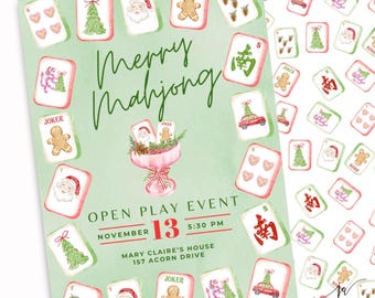 Christmas Mahjong Invitation, Editable Template | Merry Mahj | Holiday Mah-jongg Open Play Evite