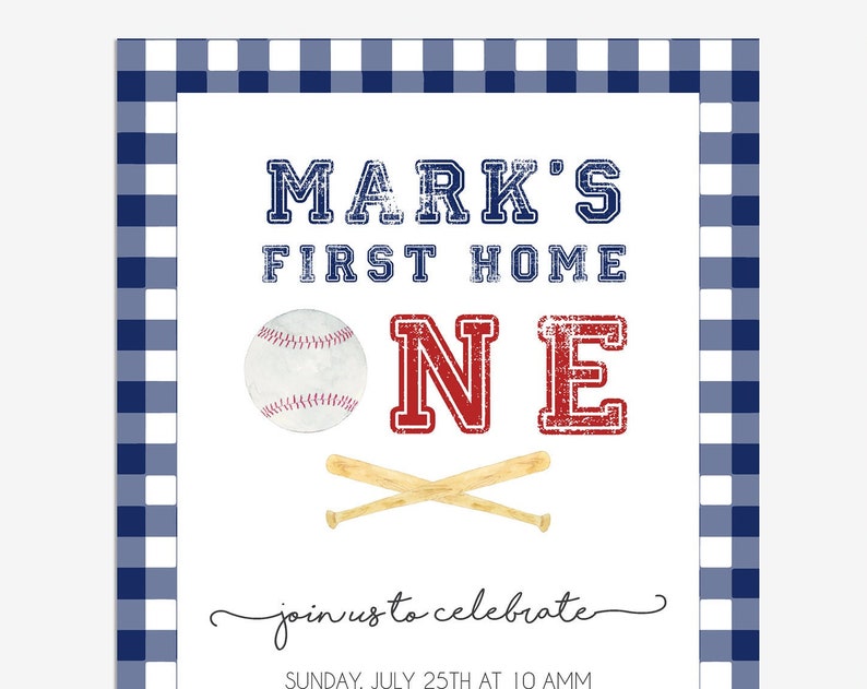 First Home ONE Birthday Invitation Baseball First Birthday Invite Digital Print At Home Sports Theme Red White Blue sports