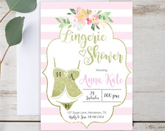 Glitter Lingerie Invitation | Lingerie Shower Invite | Bachelorette Party | Pink Striped | DIY Printable Invitation or Printed Invites | Hen