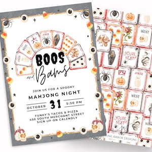 May include: Halloween-themed invitation with a spooky Mahjong Night theme. The invitation features a gray border with candy corn, spiders, and eyeballs. The text reads "Boos and Bams" and includes event details. A matching patterned card is visible.