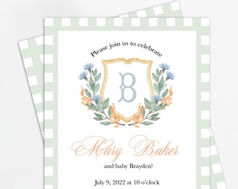 Floral Crest Baby Shower Invitation | Gender Neutral Spring Shower | Digital or Self Print | Text, Print or Email | Sage Green, Blue, Orange