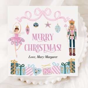 Etiqueta de presente de Natal | Etiqueta de presente para família para impressão | Cartão de Natal para meninas | Balé quebra-nozes aquarela rosa | Laço | Editável