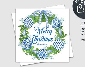 Christmas Gift Tag Chinoiserie Blue China Wreath | Wrapping | Gift Tag | Favor Card | Holiday Label | Printable Template