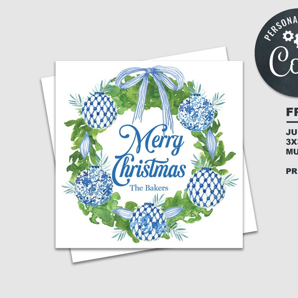 Christmas Gift Tag Chinoiserie Blue China Wreath | Wrapping | Gift Tag | Favor Card | Holiday Label | Printable Template