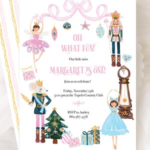 Modello di invito per la festa del primo compleanno Ragazza / Schiaccianoci Balletto Fiocco di neve invernale / Oh che divertimento 1° compleanno / Modifica subito / Acquerello