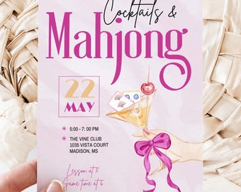 Mahjong Girl's Night Party Invite: Pink Watercolor Tiles for Cocktails and Mahj (Editable)
