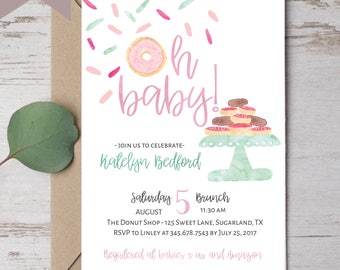 Oh Baby Shower Invitation | Donut Baby Shower | Choose DIY Printable Invitations or Printed | Diapers and Donuts | Baby Girl | Baby Sprinkle