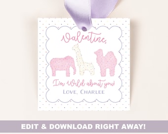 Animal Cookie Valentine Favor Tag | Frosted Animal Cracker | Wild About You | Cookie Favor | Gift Tag | Crackers | Girl Valentines Day