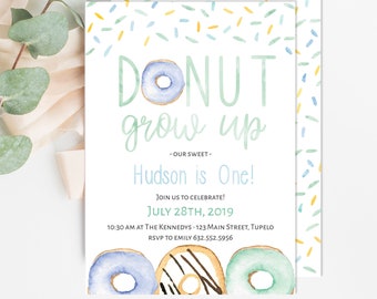 Donut Grow Up Birthday Party Invitation  | Donut Invite | Sweet One | Boy's Birthday Invitation | 1rst | First Birthday | Donut ever grow up