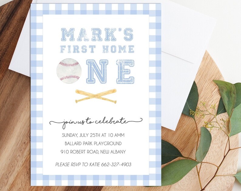 First Home ONE Birthday Invitation Baseball First Birthday Invite Digital Print At Home Sports Theme Buffalo Plaid Gingham