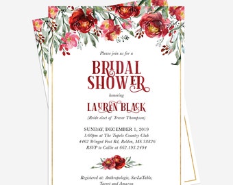 Crimson Floral Bridal Shower Invitation | Digital or Printed | Wedding Shower | Maroon and Gold | Fall Winter | Couples Shower | Invite