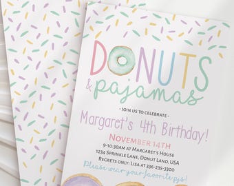 Donuts & Pajamas Birthday Invitation: Pastel Sprinkles, Sleepover Party (Editable Template