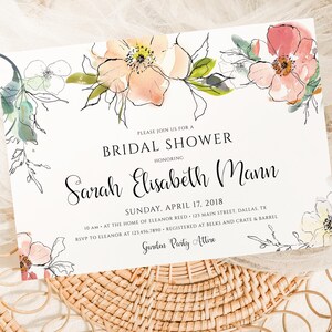 Uitnodiging tuinfeest vrijgezellenfeest | Digitale sjabloon bewerkbaar | Evite of print | Aquarelbloemen | Bloemen | Elegante huwelijksdouche