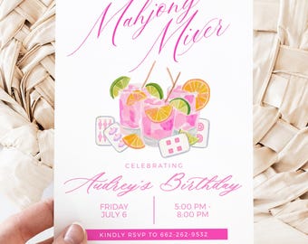 Mahjong Party Invitation: Watercolor Tiles, Cocktails (Editable Digital Invite)