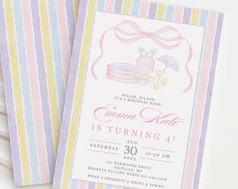 Pastel Pool Party Invitation for Girls: Preppy Swim Birthday, Editable Template