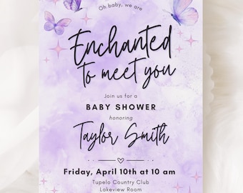 Invitación para baby shower con diseño de mariposa Taylor encantada: flores moradas, plantilla editable (digital)