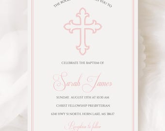 Baby Girl Baptism Invitation: Pastel Cross, Editable Template (Digital Download