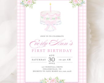 Pastel Plaid First Birthday Invitation: Pink Cake, Flowers (Editable Template)