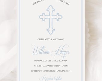 Baby Boy Baptism Invitation: Pastel Blue Cross, Editable Template (Digital Download