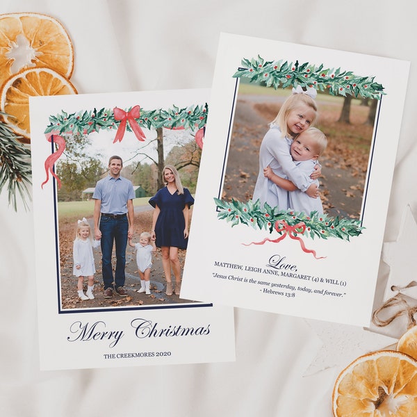 Traditional Christmas Card | Family Holiday Photo Card Template  Upload your photo and edit right away! | Garland of Holly and Red bows