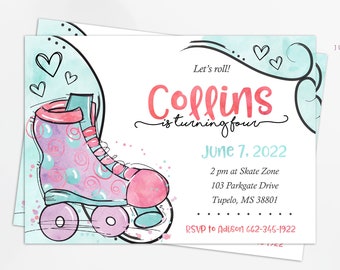 Skate Party Invitation | Girl's Pastel Roller Skating Party | Skate Birthday | Text, Email or Print at Home | 80's Party, 90's Party