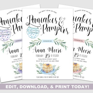 Pampers & Pancakes Diaper Shower Invitation | Printable or Printed | Baby Sprinkle | Brunch | Baby Shower | Blue Pink Purple | Watercolor
