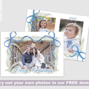 Familie Weihnachten Foto Kartenvorlage | Foto-Collage-Karte | Digitale Weihnachtskarte | Blauer Kranz | Aquarell Design | Doppelseitig | KOSTENLOS testen