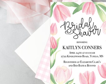 Spring Bridal Shower Invitation | Watercolor Pink Tulips | Wedding Shower Printable or Digital Invite | Pink and Green | Summer
