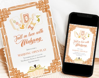 Pode incluir: Um convite para um evento Mahjong Open Play. O design apresenta uma borda decorativa e o texto "Fall in love with Mahjong". O convite inclui ilustrações de peças de Mahjong e um gráfico de abóbora.