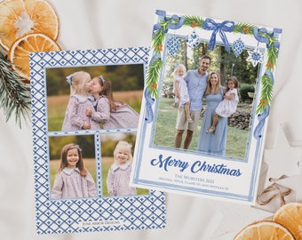 Chinoiserie Christmas Card Template | Blue and White Porcelain Design | Orange and Blue Holiday Photo Collage Card | Edit Right Away!