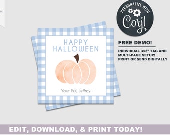 Halloween Favor Tag | Gingham Pumpkin Gift Tag Fall | Instant Download-Edit Yourself! | Multiple Per Page | 3x3" | Party Favor | Class Gift