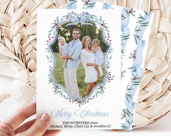 Blue Ribbon Christmas Card Template | Upload your photo and edit right away! | Watercolor Crest Elegant Holiday Card | Light Blue | Holly