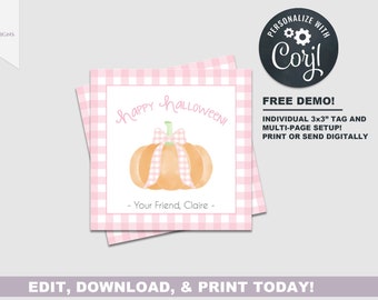 Halloween Favor Tag | Gingham Pumpkin Gift Tag Fall | Instant Download-Edit Yourself! | Multiple Per Page | 3x3" | Party Favor | Class Gift