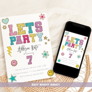 Chenille Patch Birthday Invitation for Tween Girls | Good Retro Vibes | Hearts Smiley Flower Lightening | Glitter | Invite Template | Corjl