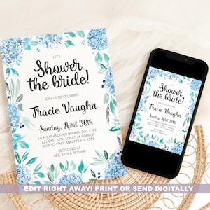 May include: A bridal shower invitation with a watercolour floral design. The invitation reads "Let's Shower the Bride!" and includes details for Tracie Vaughn's shower. The design features blue hydrangeas and green foliage. A smartphone displays the same invitation.