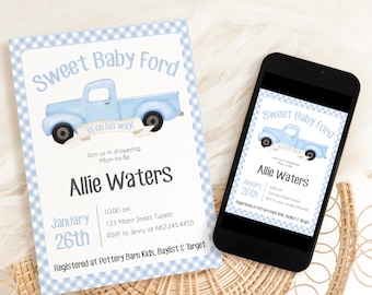 Truck Baby Shower Invitation: Blue Gingham, Vintage Ford (Digital Template)
