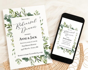 Puede incluir: Una invitación blanca con un borde de follaje verde acuarela. El texto dice "Join us for a Rehearsal Dinner Honoring Anne & Jack August 12, 2022 at 7:00 PM Park Heights Rooftop 335 E Main St., Tupelo, MS Regrets to Libby Taylor 662-844-1039"